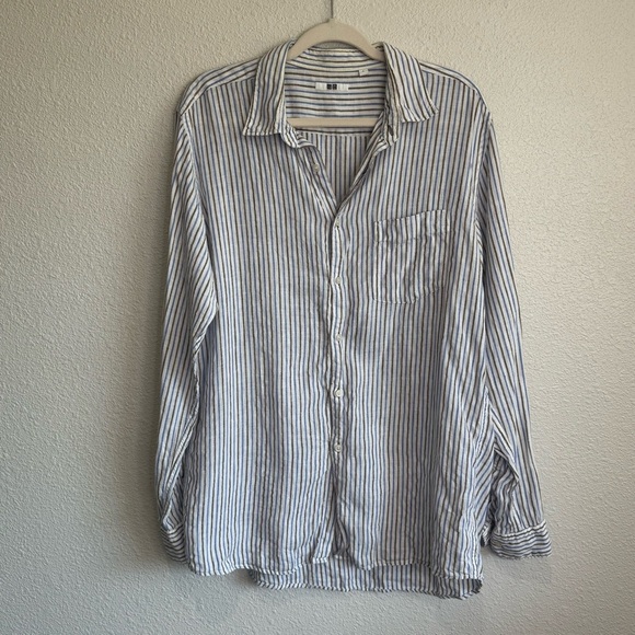 Uniqlo Shirt Men's Large Button Up 100% Linen Blue Long Sleeve Striped Boho - Picture 1 of 10
